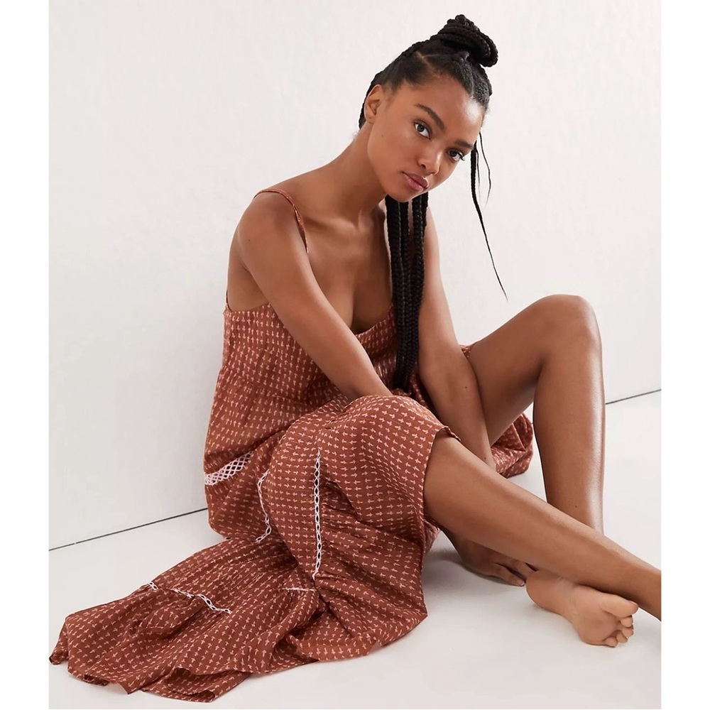 Free People Midnight Dance Print in Terra Cotta Brown Maxi Dress NWT Sz M - Picture 2 of 8